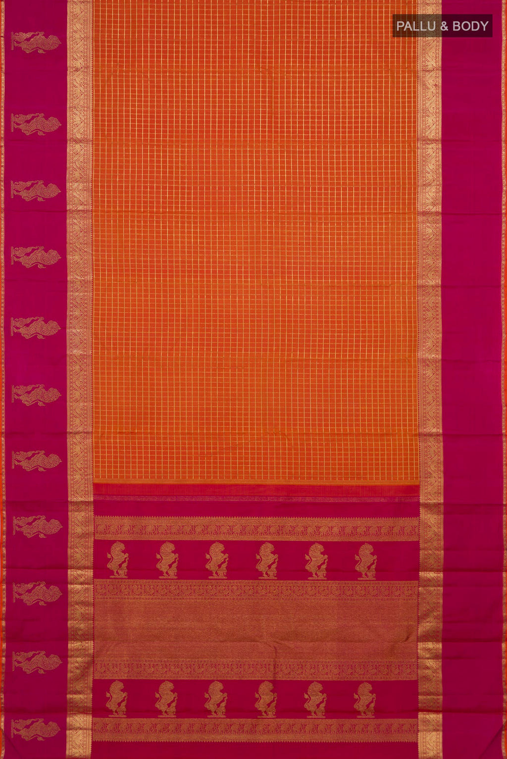 Flat view of Pure Silk Pure Zari Orange Kanjivaram Saree with Checked design on the body and Zari Border. 