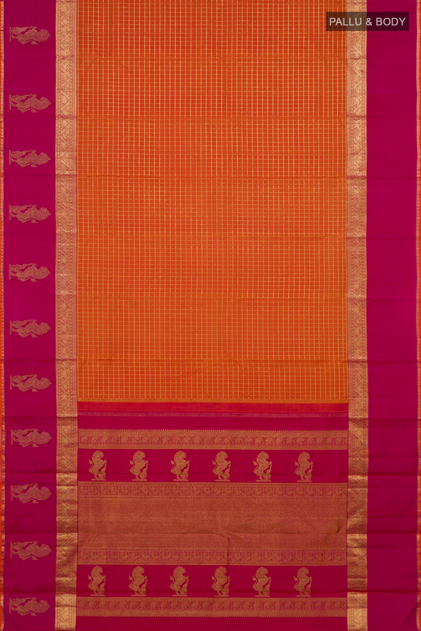 Flat view of Pure Silk Pure Zari Orange Kanjivaram Saree with Checked design on the body and Zari Border. 