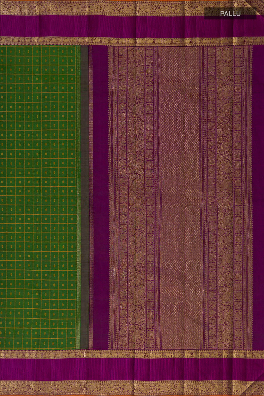 Close up image of the pallu of Pure Silk Pure Zari Green Kanjivaram Saree with Checked design on the body and Zari Border. 