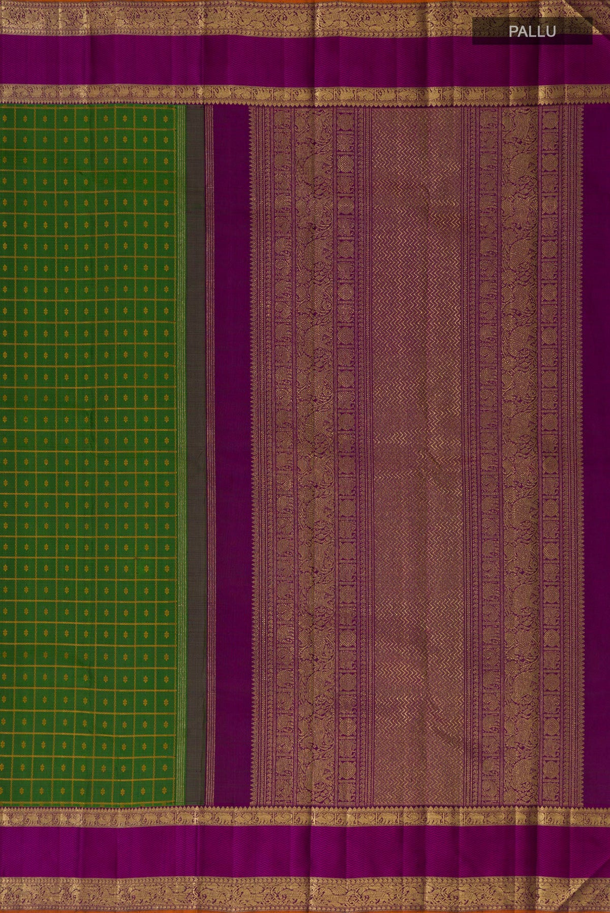 Close up image of the pallu of Pure Silk Pure Zari Green Kanjivaram Saree with Checked design on the body and Zari Border. 