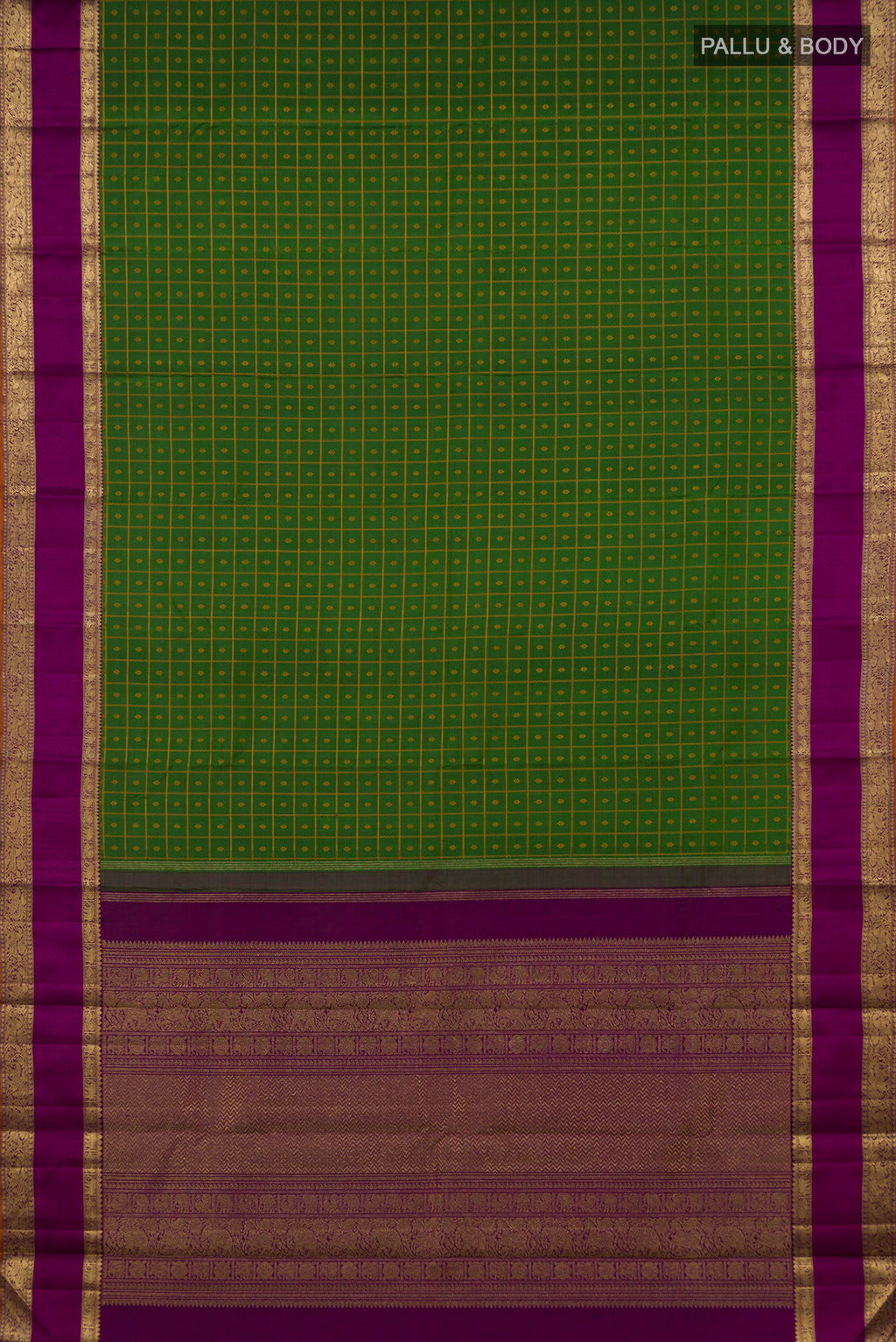 Flat view of Pure Silk Pure Zari Green Kanjivaram Saree with Checked design on the body and Zari Border. 