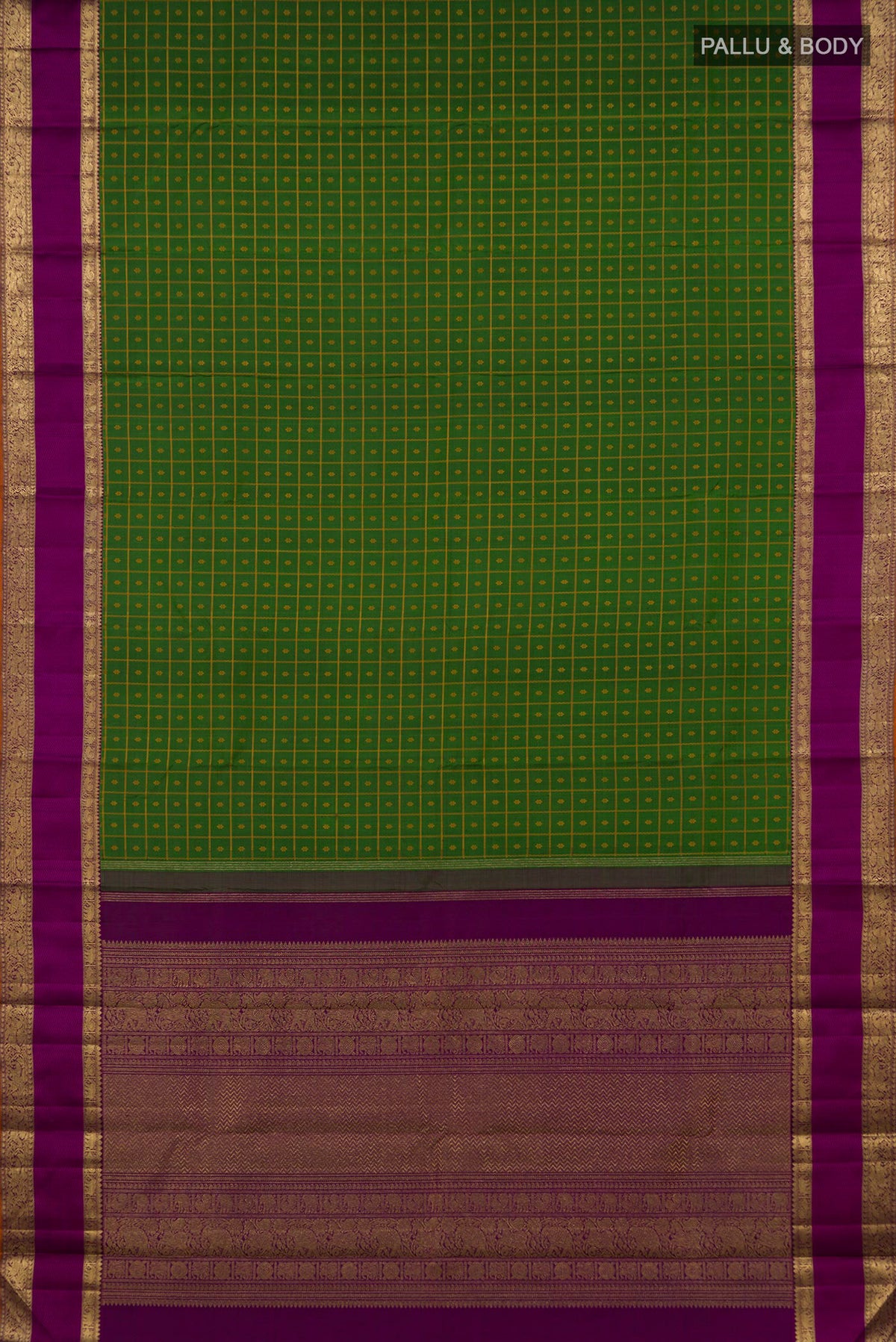 Flat view of Pure Silk Pure Zari Green Kanjivaram Saree with Checked design on the body and Zari Border. 