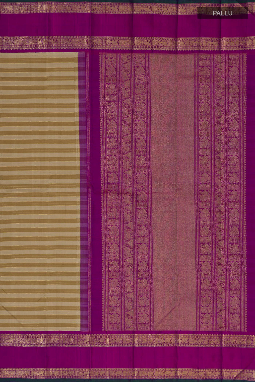 Close up image of the pallu of Pure Silk Pure Zari Beige Kanjivaram Saree with Stripes on the body and Zari Border. 