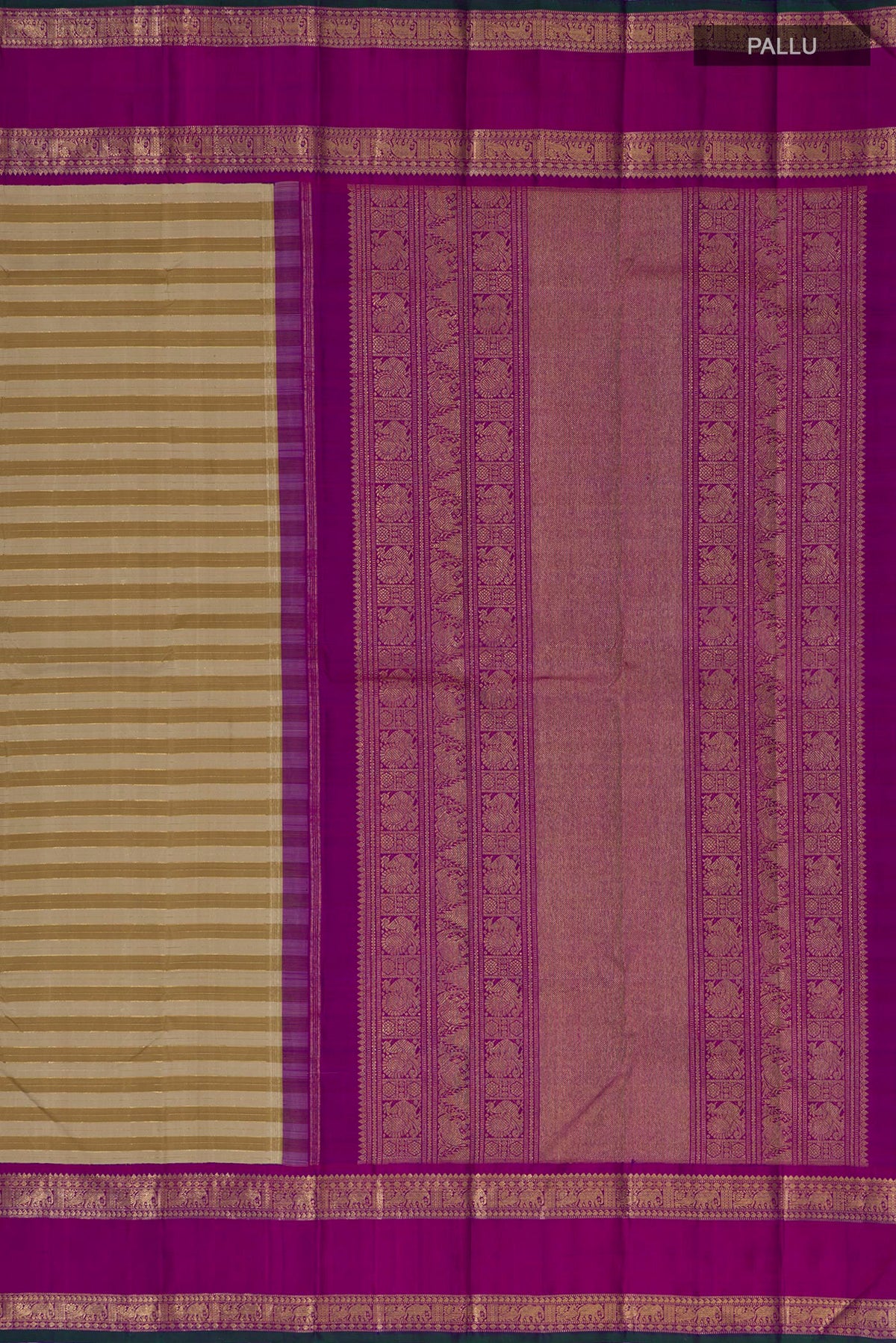 Close up image of the pallu of Pure Silk Pure Zari Beige Kanjivaram Saree with Stripes on the body and Zari Border. 