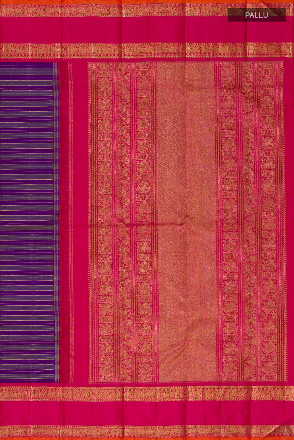 Close up image of the pallu of Pure Silk Pure Zari Purple Kanjivaram Saree with Stripes on the body and Zari Border. 