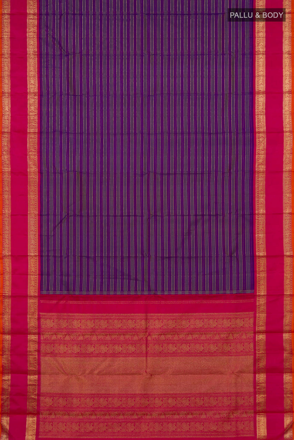 Flat view of Pure Silk Pure Zari Purple Kanjivaram Saree with Stripes on the body and Zari Border. 