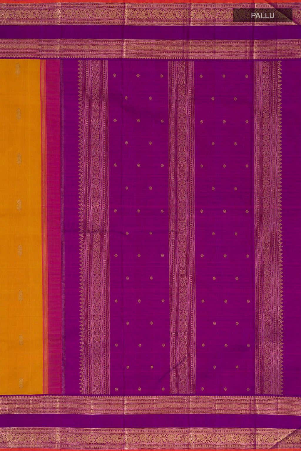 Close up image of the pallu of Pure Silk Pure Zari Mustard Kanjivaram Saree with Zari Butta on the body and Zari Border. 