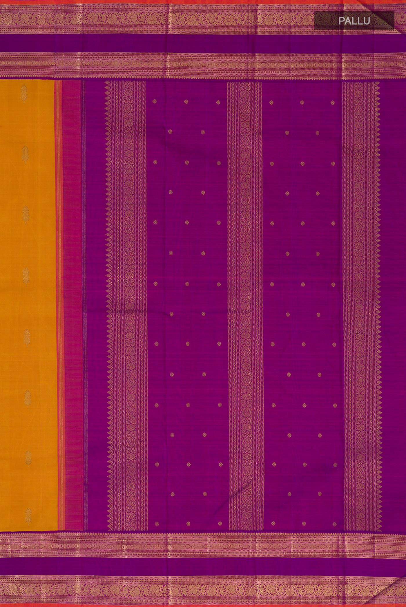 Close up image of the pallu of Pure Silk Pure Zari Mustard Kanjivaram Saree with Zari Butta on the body and Zari Border. 