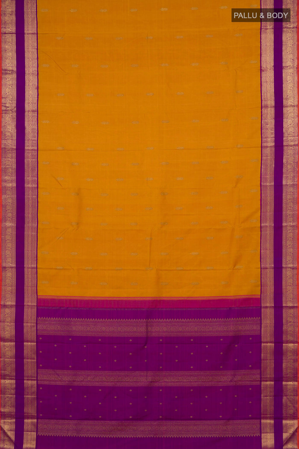 Flat view of Pure Silk Pure Zari Mustard Kanjivaram Saree with Zari Butta on the body and Zari Border. 