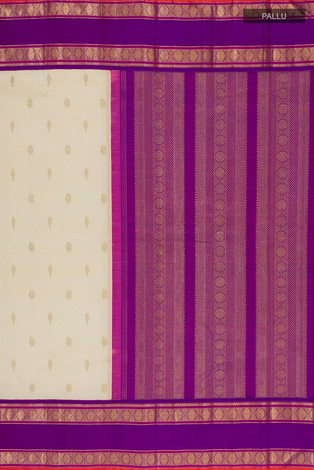 Close up image of the pallu of Pure Silk Pure Zari Off White Kanjivaram Saree with Zari Butta on the body and Zari Border. 