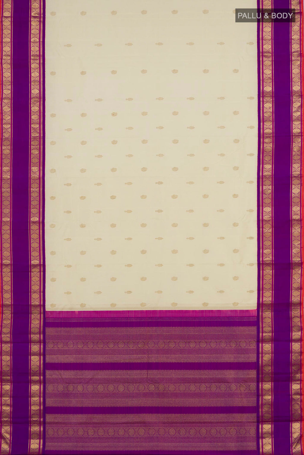 Flat view of Pure Silk Pure Zari Off White Kanjivaram Saree with Zari Butta on the body and Zari Border. 