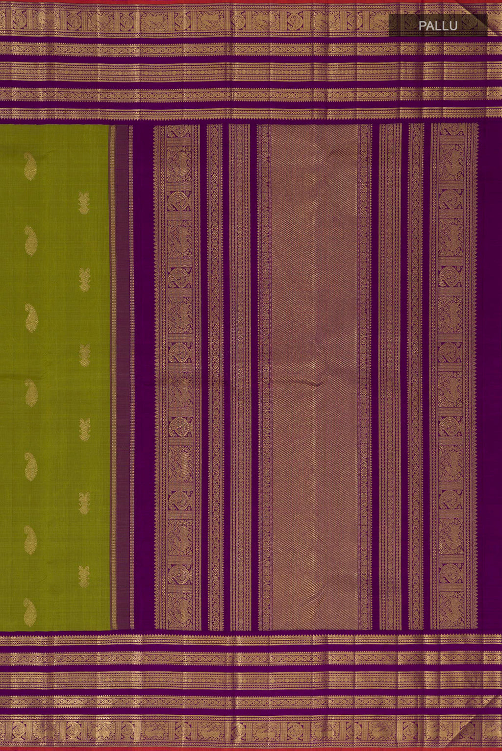 Close up image of the pallu of Pure Silk Pure Zari Green Kanjivaram Saree with Zari Butta on the body and Zari Border. 