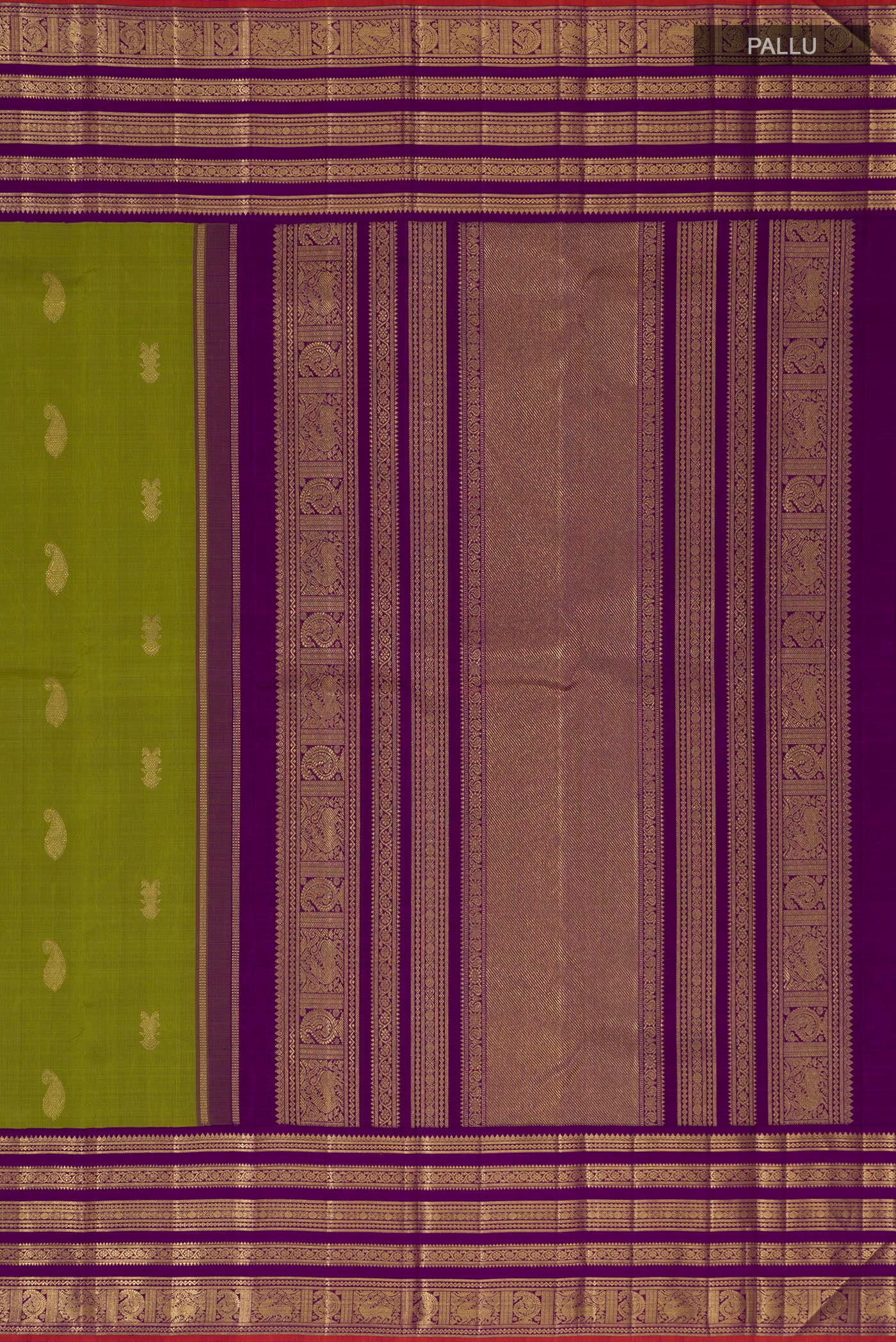 Close up image of the pallu of Pure Silk Pure Zari Green Kanjivaram Saree with Zari Butta on the body and Zari Border. 