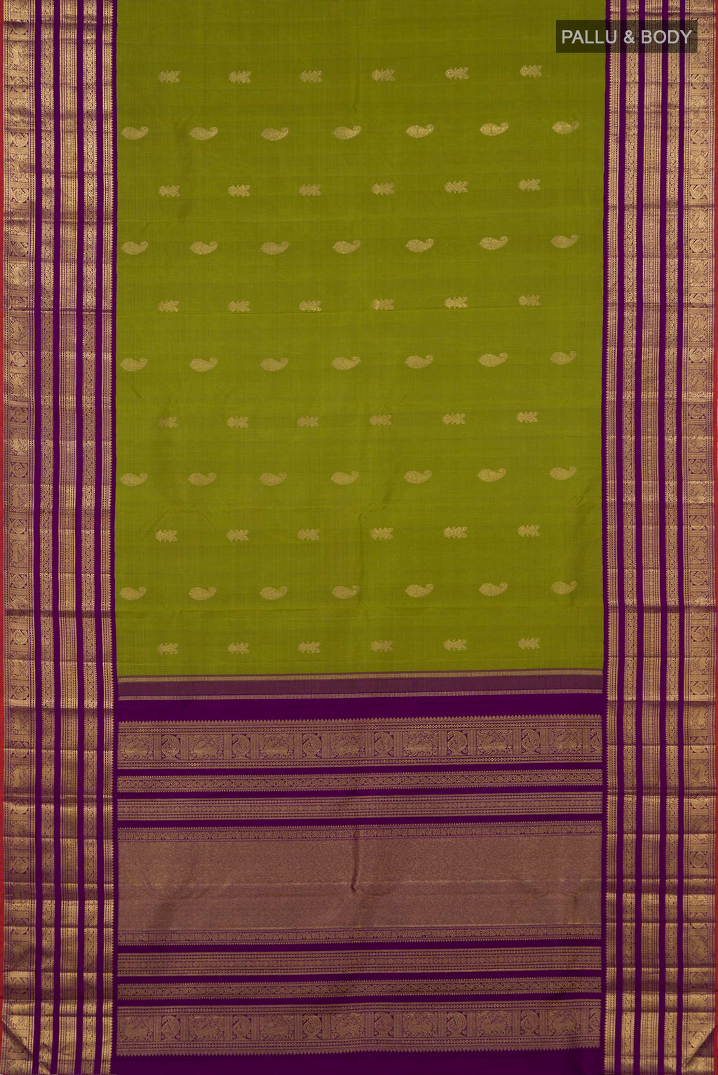 Flat view of Pure Silk Pure Zari Green Kanjivaram Saree with Zari Butta on the body and Zari Border. 