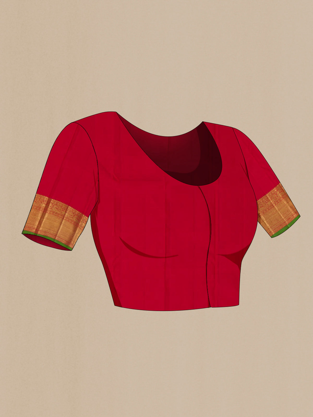 Close up image of the blouse of Pure Silk Pure Zari Red Kanjivaram Saree with Zari Butta on the body and Zari Border. 