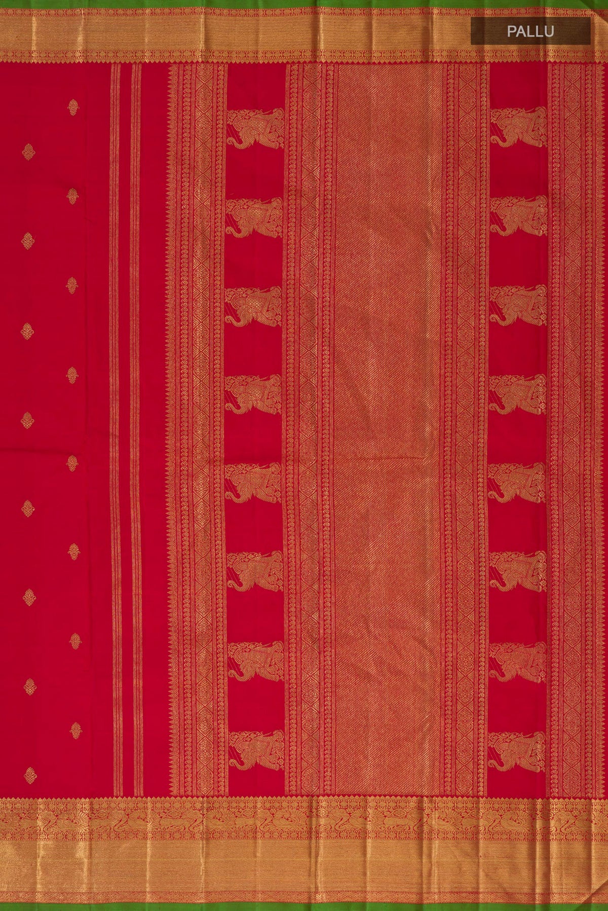 Close up image of the pallu of Pure Silk Pure Zari Red Kanjivaram Saree with Zari Butta on the body and Zari Border. 
