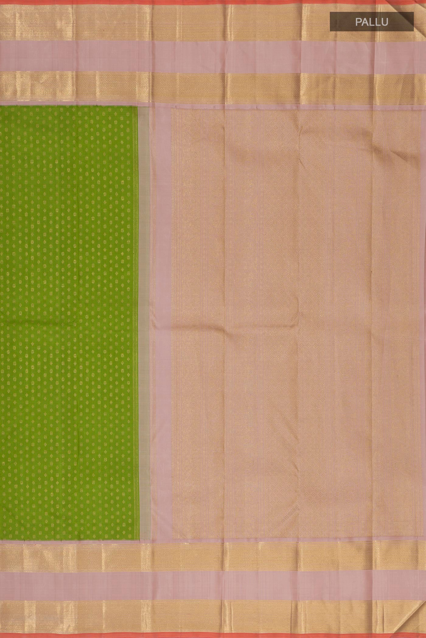 Close up image of the pallu of Pure Silk Pure Zari Green Kanjivaram Saree with Zari Butta on the body and Zari Border. 
