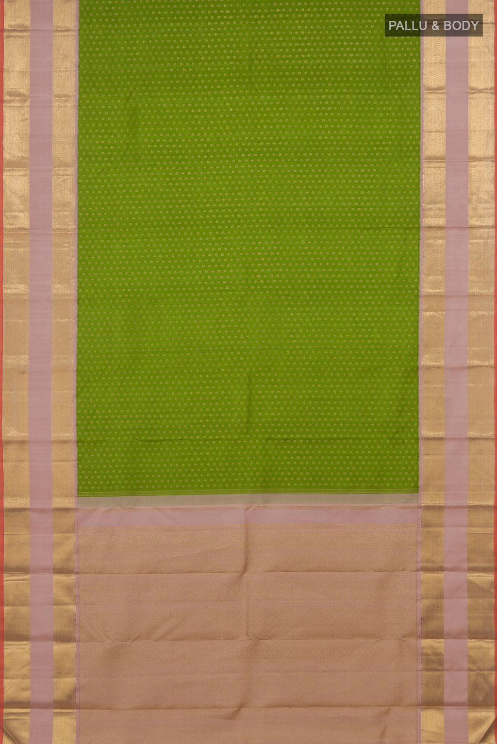 Flat view of Pure Silk Pure Zari Green Kanjivaram Saree with Zari Butta on the body and Zari Border. 