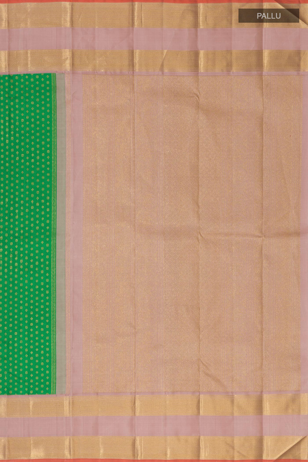 Close up image of the pallu of Pure Silk Pure Zari Green Kanjivaram Saree with Zari Butta on the body and Zari Border. 