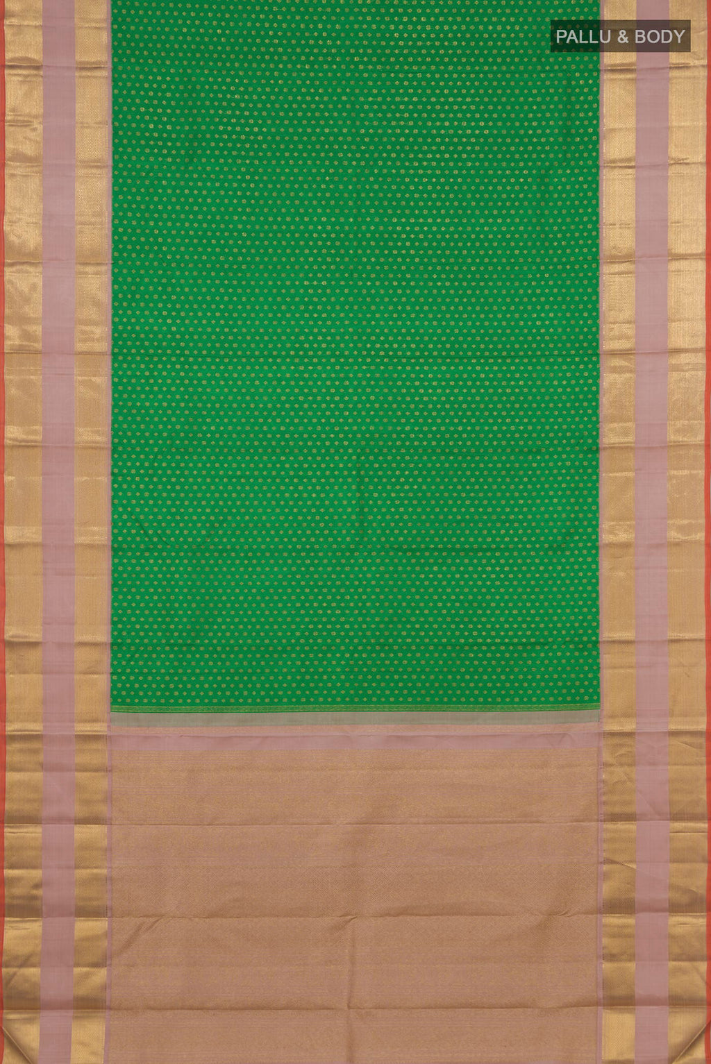 Flat view of Pure Silk Pure Zari Green Kanjivaram Saree with Zari Butta on the body and Zari Border. 