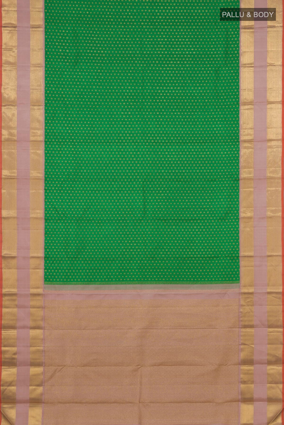 Flat view of Pure Silk Pure Zari Green Kanjivaram Saree with Zari Butta on the body and Zari Border. 