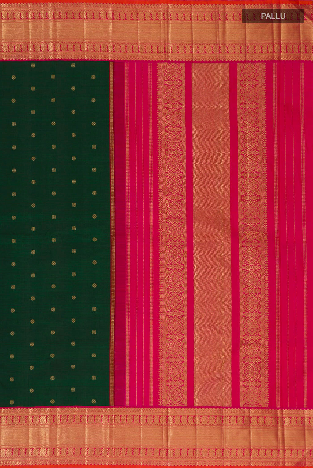 Close up image of the pallu of Pure Silk Pure Zari Bottle Green Kanjivaram Saree with Zari Butta on the body and Zari Border. 