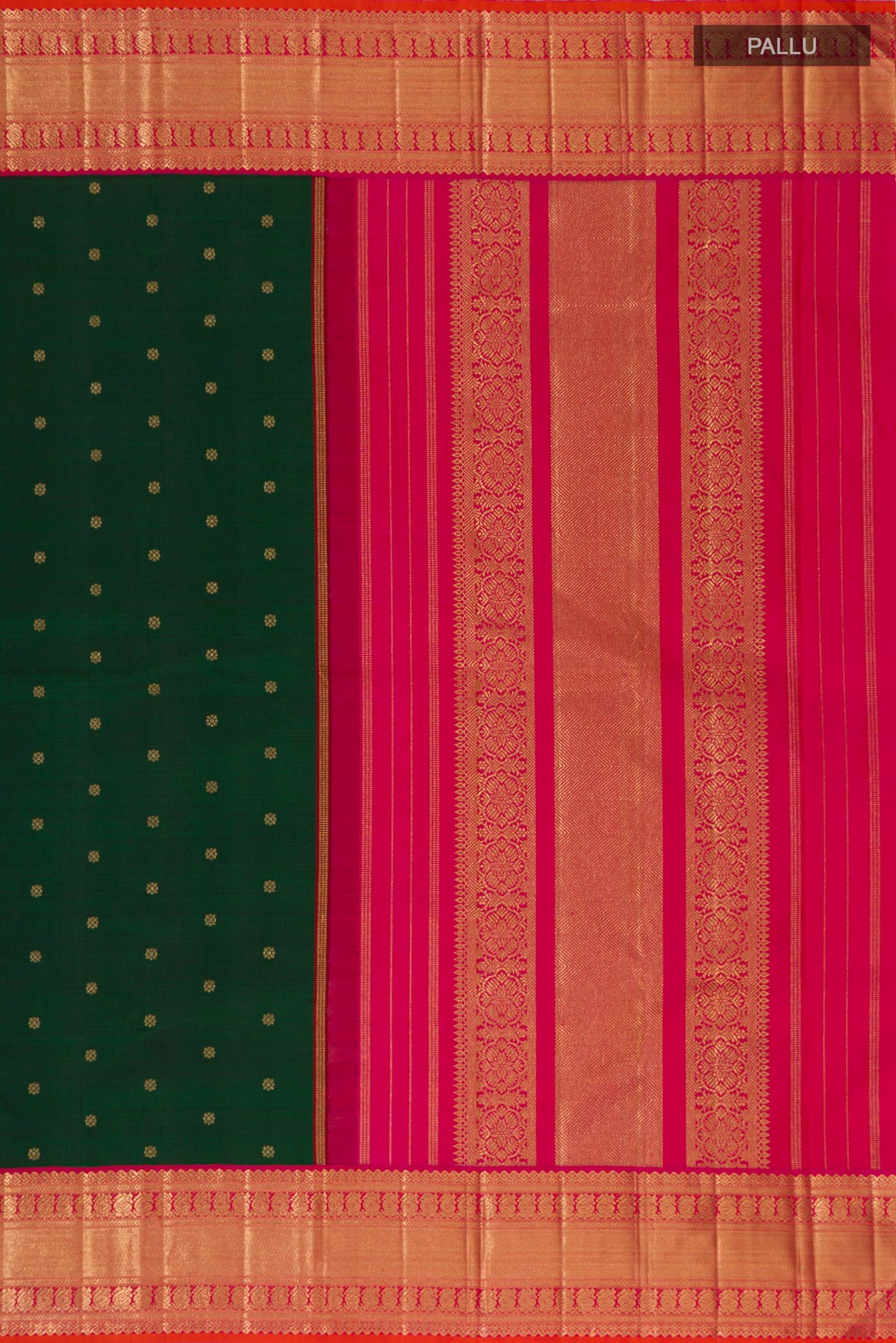 Close up image of the pallu of Pure Silk Pure Zari Bottle Green Kanjivaram Saree with Zari Butta on the body and Zari Border. 