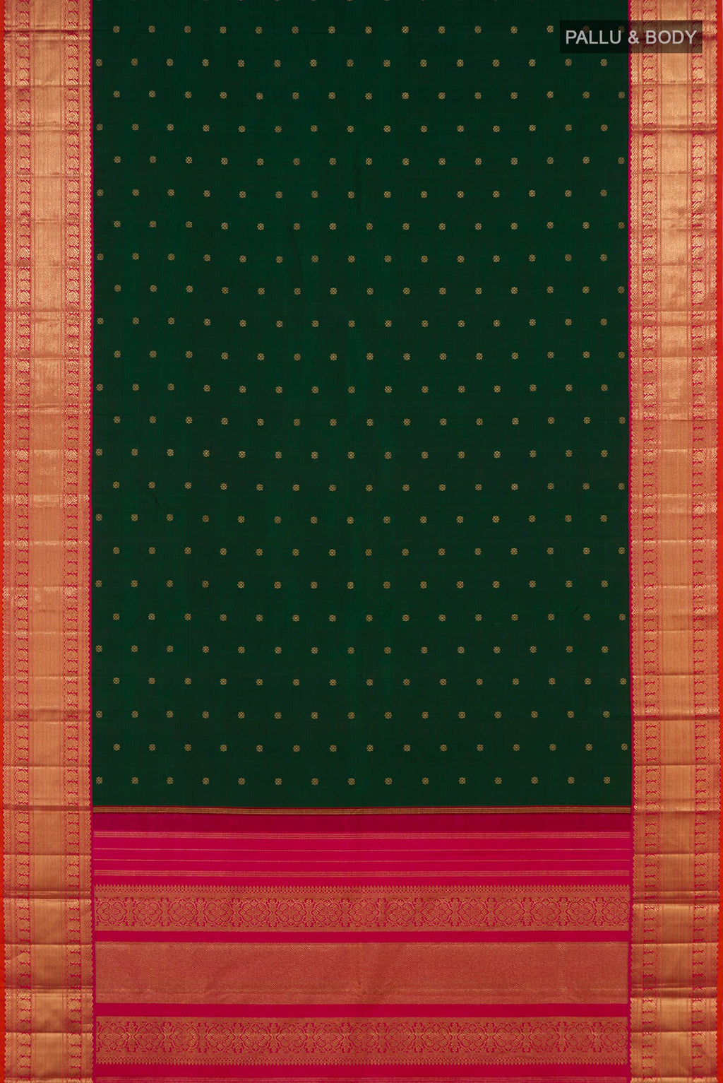 Flat view of Pure Silk Pure Zari Bottle Green Kanjivaram Saree with Zari Butta on the body and Zari Border. 