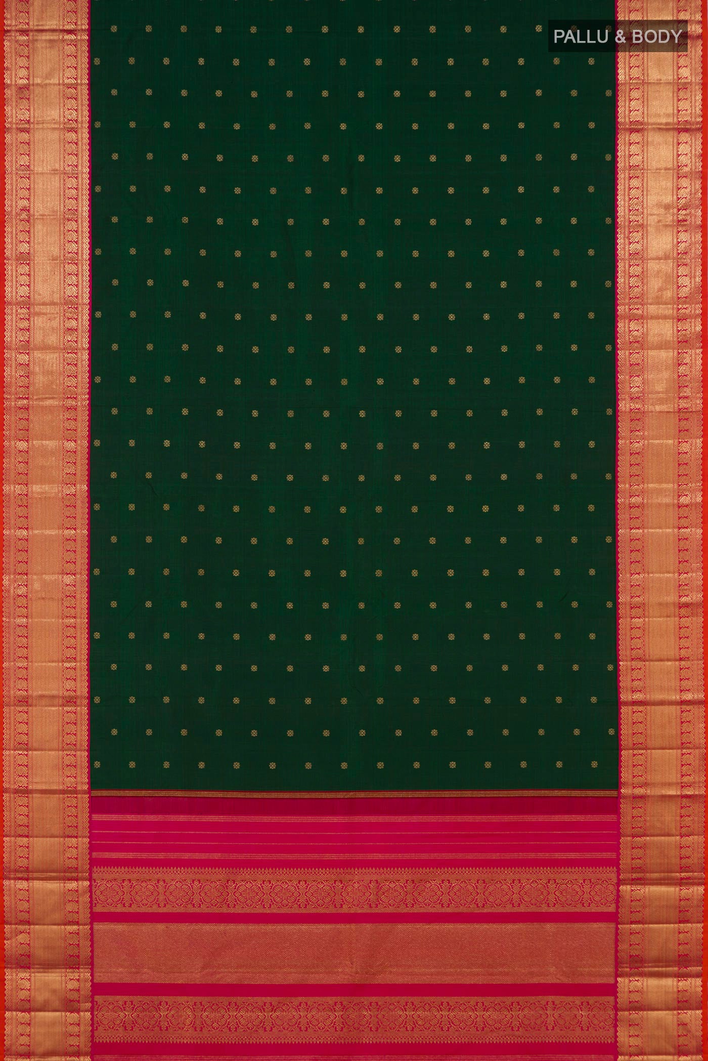 Flat view of Pure Silk Pure Zari Bottle Green Kanjivaram Saree with Zari Butta on the body and Zari Border. 