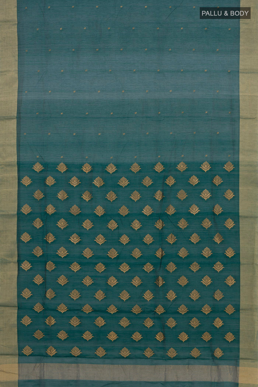 Flat view of Bottle Green Chanderi Cotton Saree with Zari Butta on the body and Zari Border. 