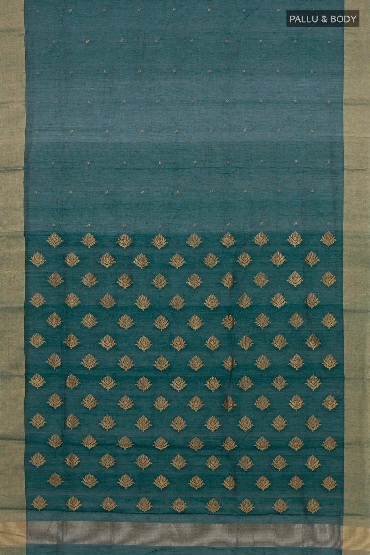 Flat view of Bottle Green Chanderi Cotton Saree with Zari Butta on the body and Zari Border. 