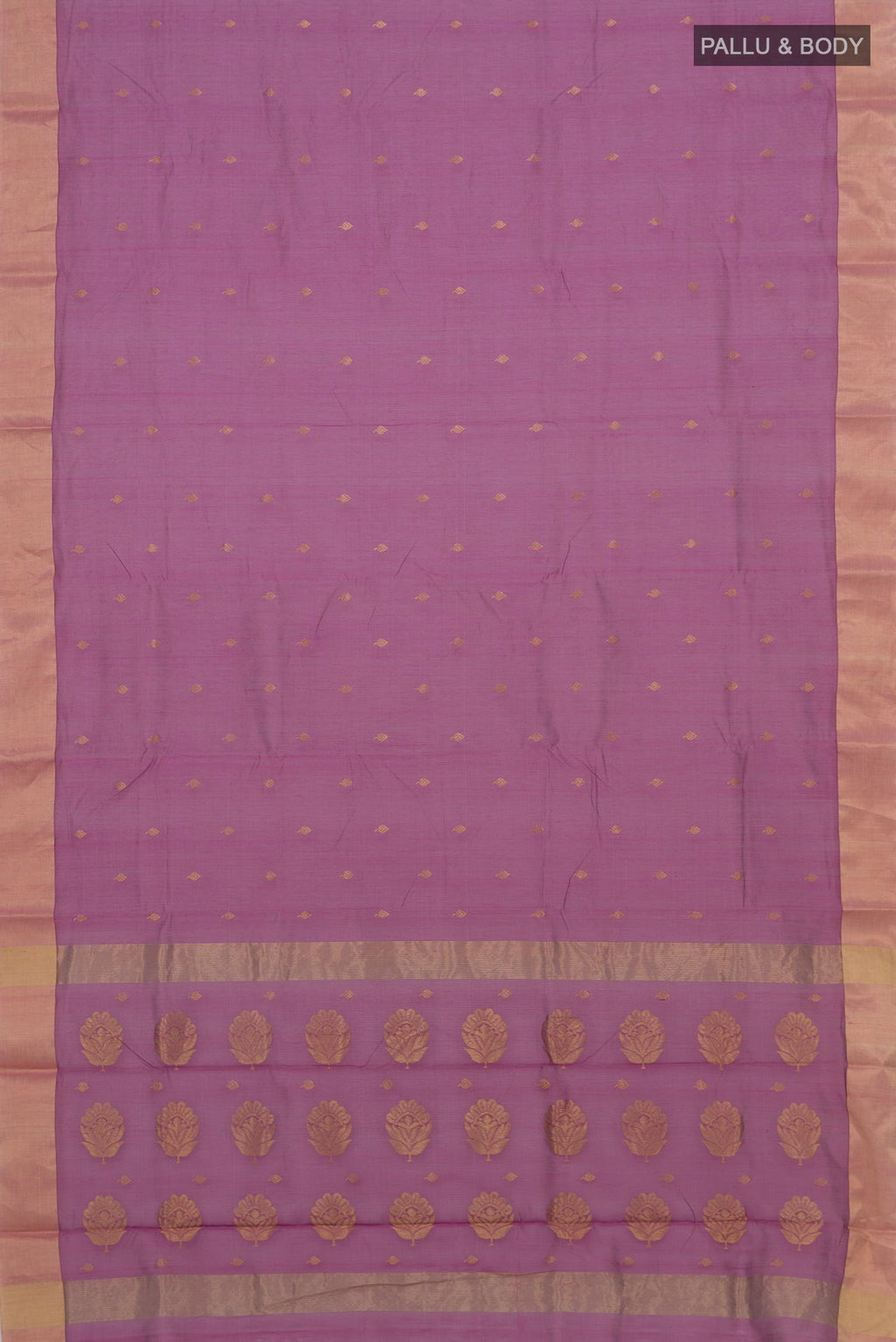 Flat view of Mauve Chanderi Cotton Saree with Zari Butta on the body and Zari Border. 
