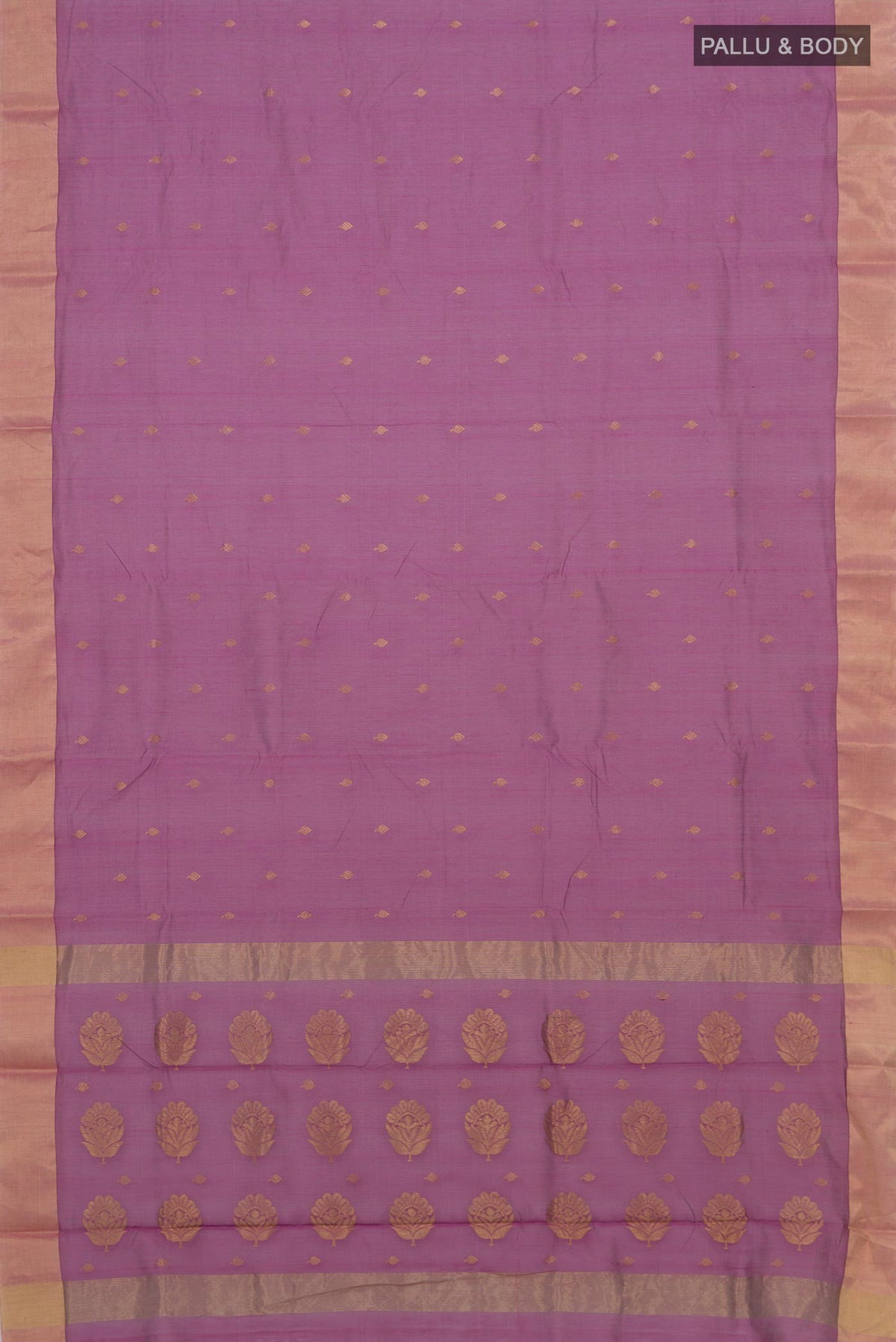 Flat view of Mauve Chanderi Cotton Saree with Zari Butta on the body and Zari Border. 