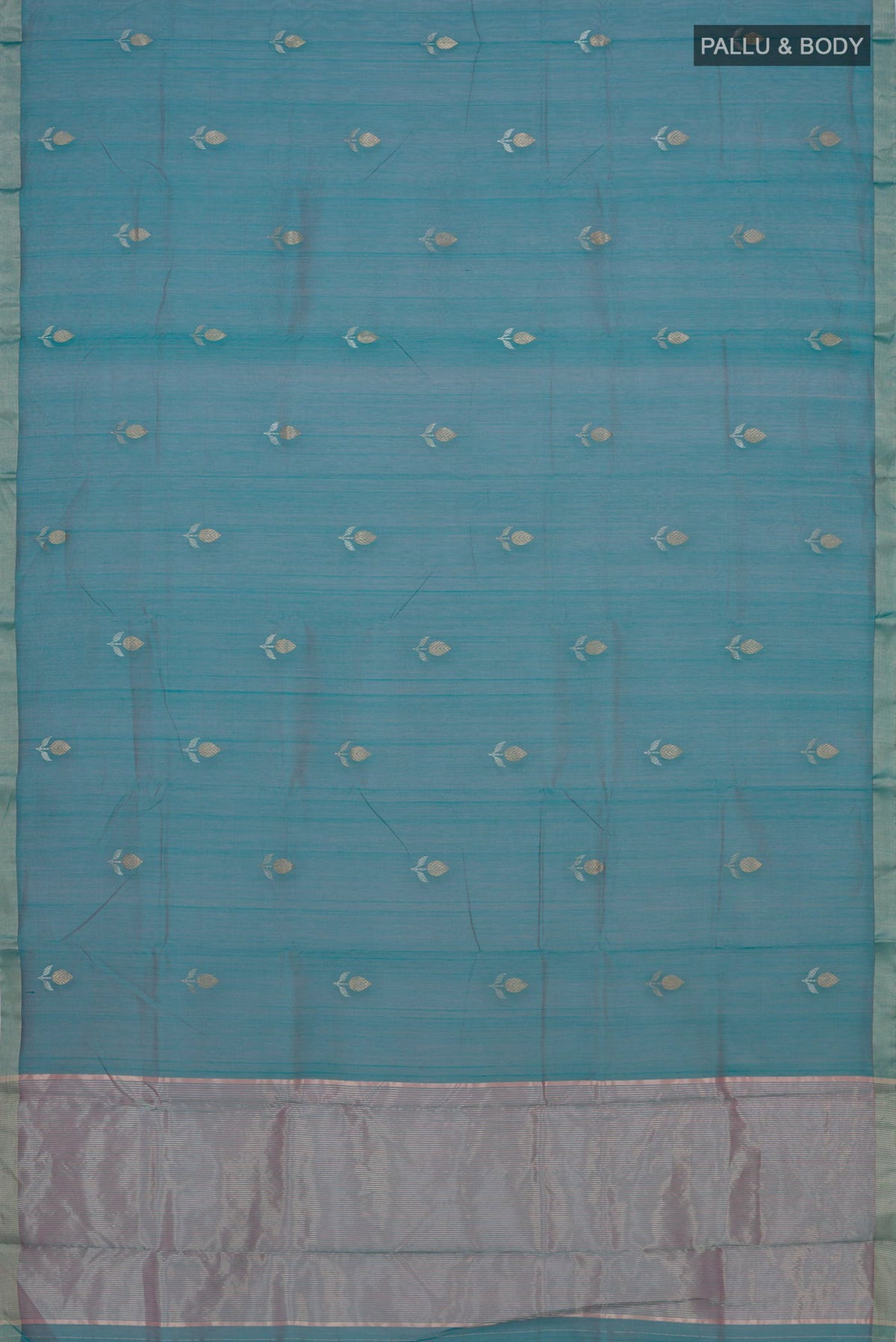 Flat view of Blue Chanderi Cotton Saree with Zari Butta on the body and Zari Border. 