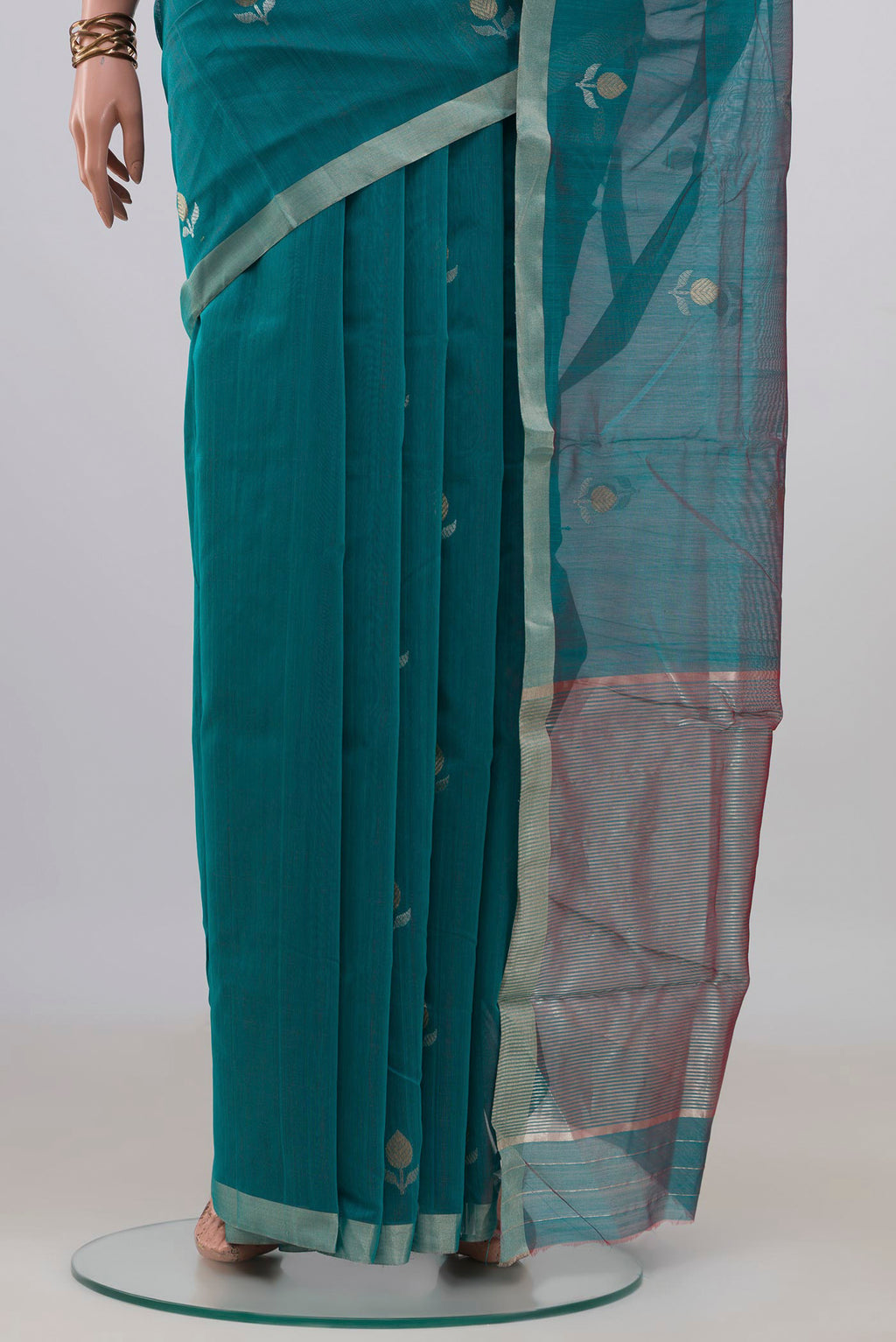 Pleats and pallu of Blue Chanderi Cotton Saree with Zari Butta on the body and Zari Border. 
