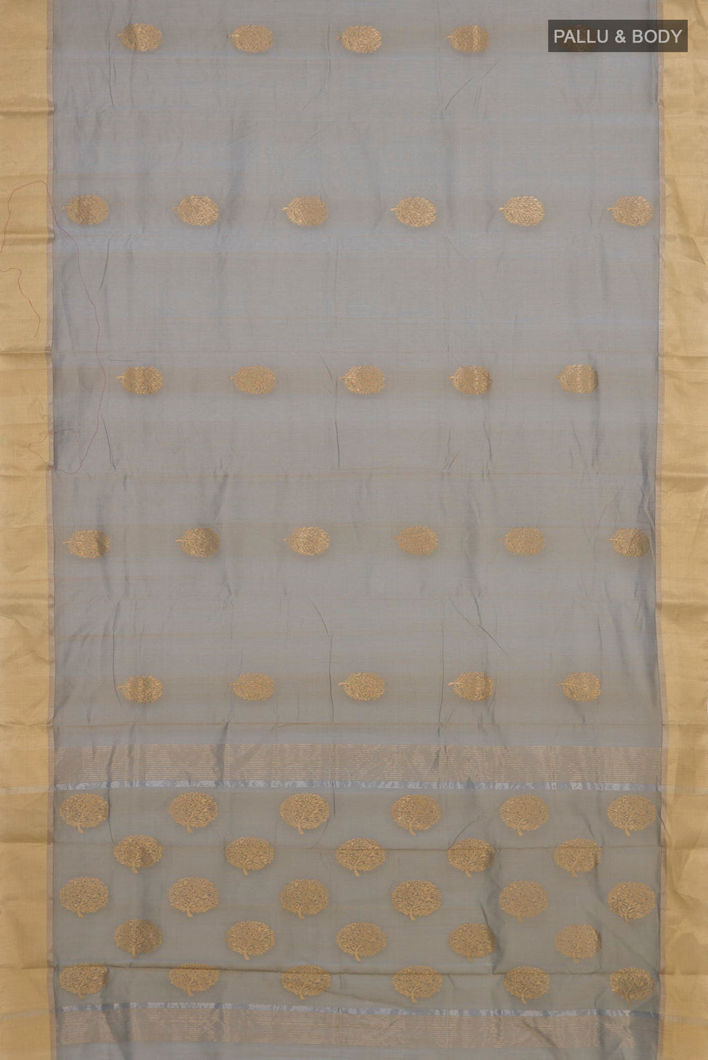 Flat view of Green Chanderi Cotton Saree with Zari Butta on the body and Zari Border. 