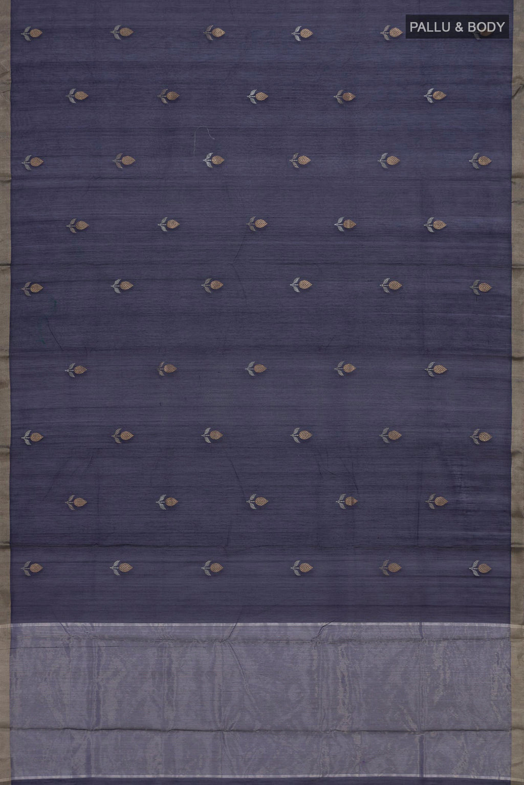 Flat view of Navy Blue Chanderi Cotton Saree with Zari Butta on the body and Zari Border. 