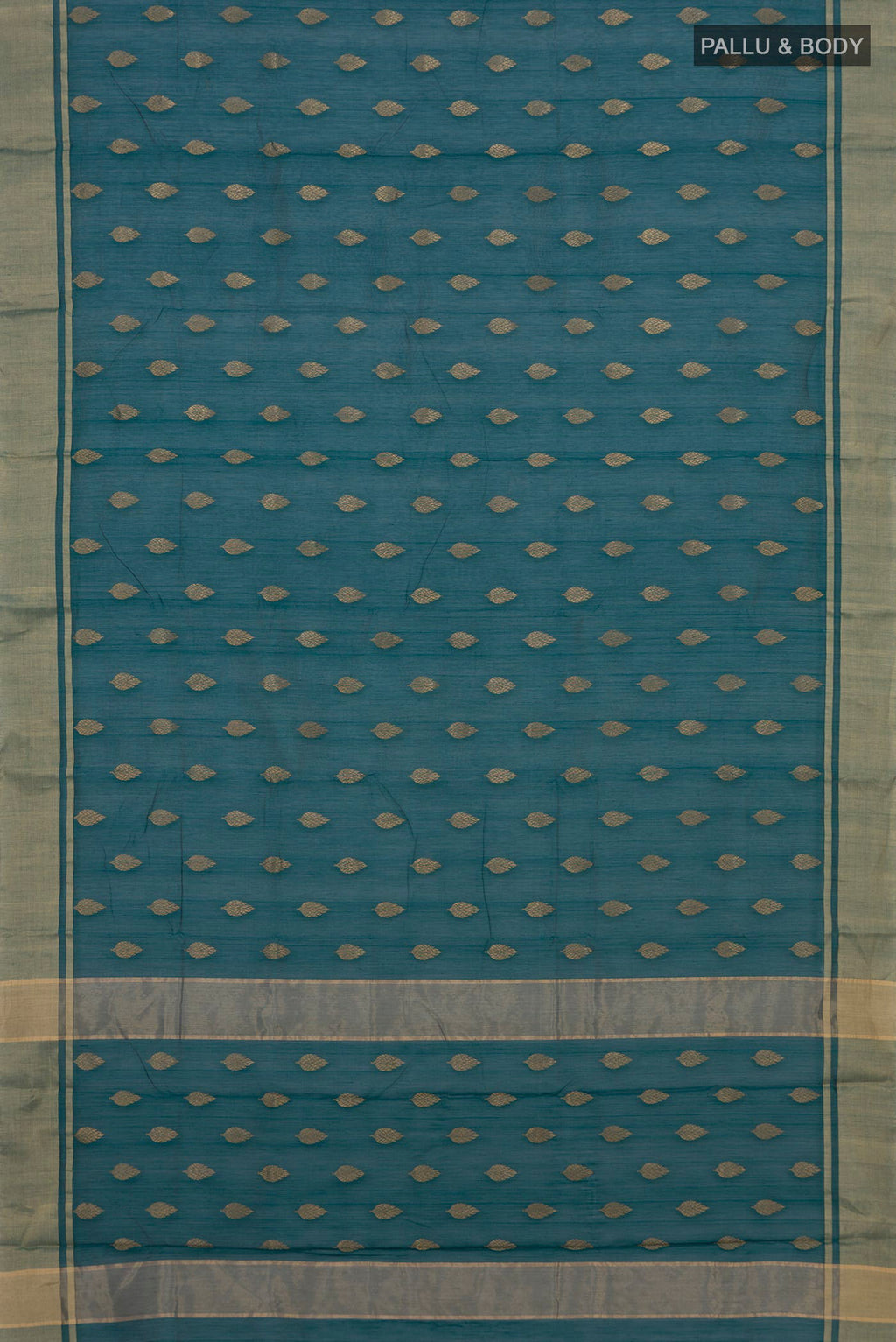 Flat view of Green Chanderi Cotton Saree with Zari Butta on the body and Zari Border. 