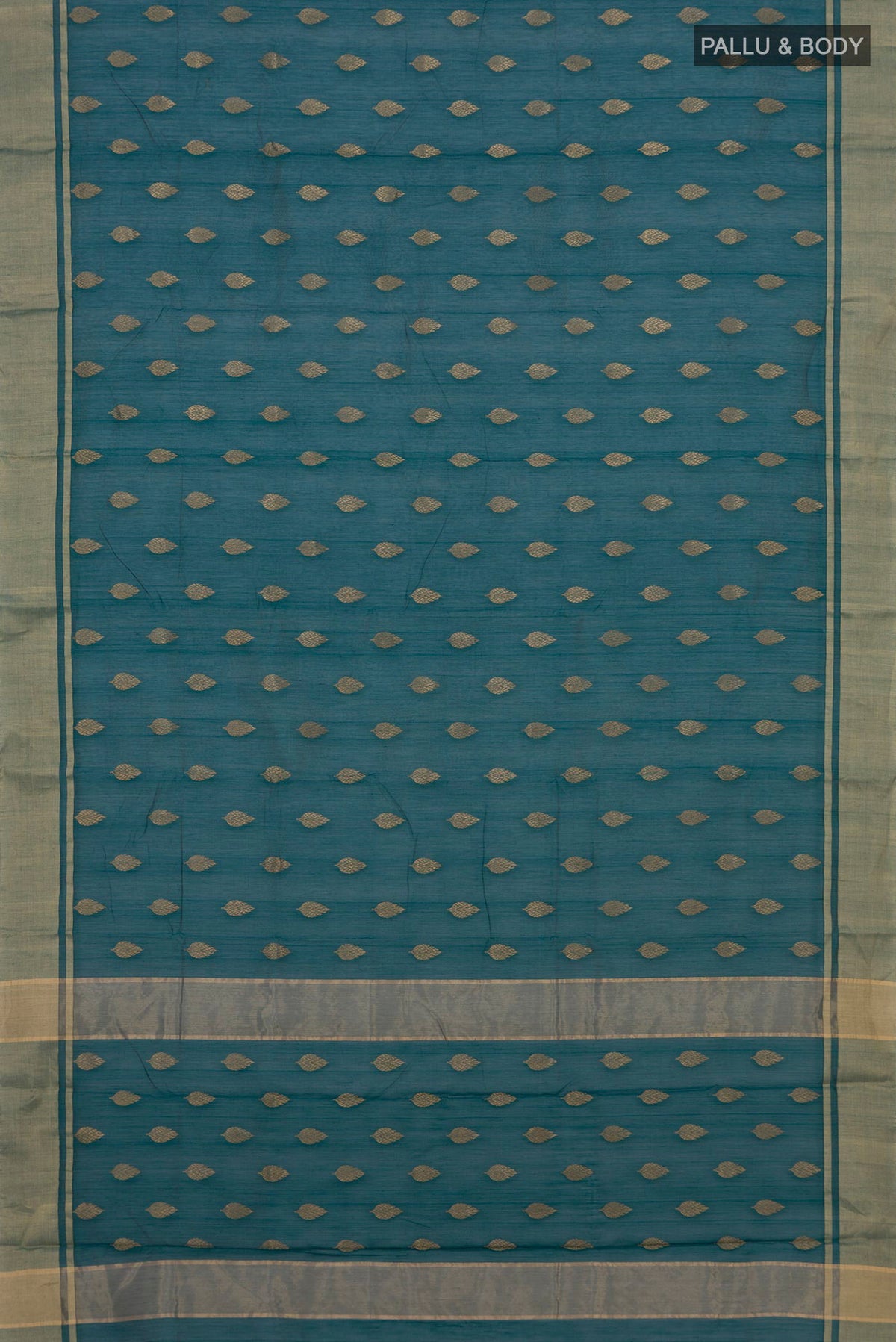 Flat view of Green Chanderi Cotton Saree with Zari Butta on the body and Zari Border. 
