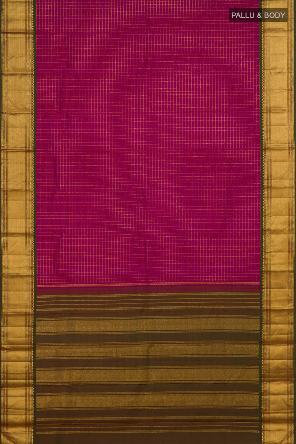 Flat view of Pure Silk Dark Pink Kanchipuram Saree with Checked design on the body and Zari Border. 
