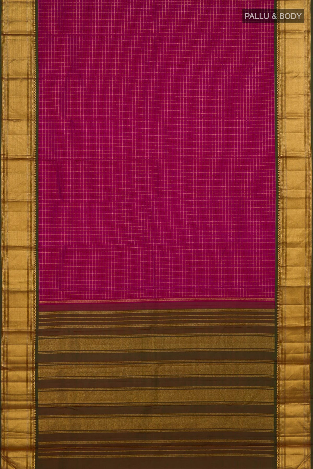 Flat view of Pure Silk Dark Pink Kanchipuram Saree with Checked design on the body and Zari Border. 