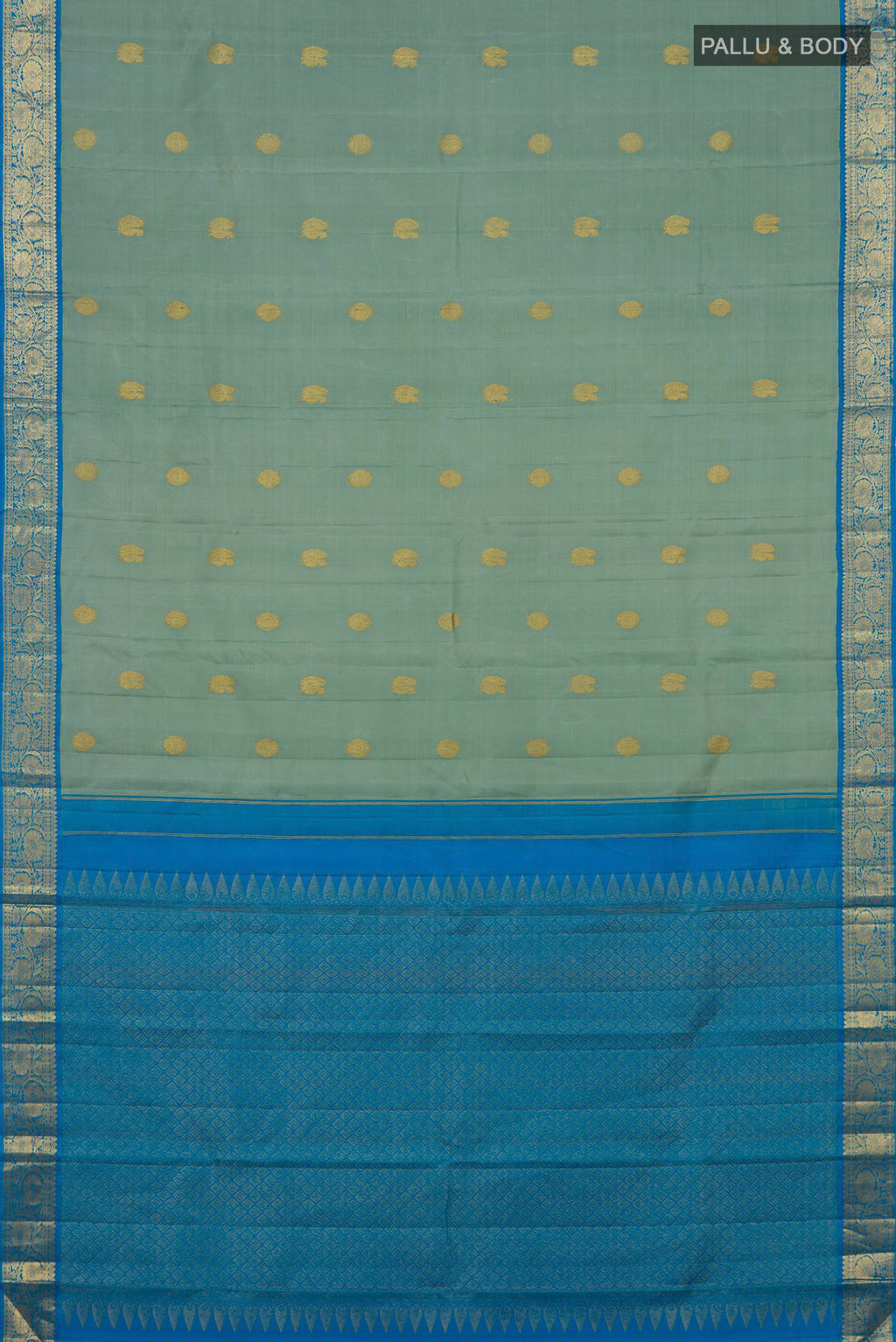 Flat view of Blue Kanjivaram Silk Saree with Zari Butta on the body and Zari Border. 