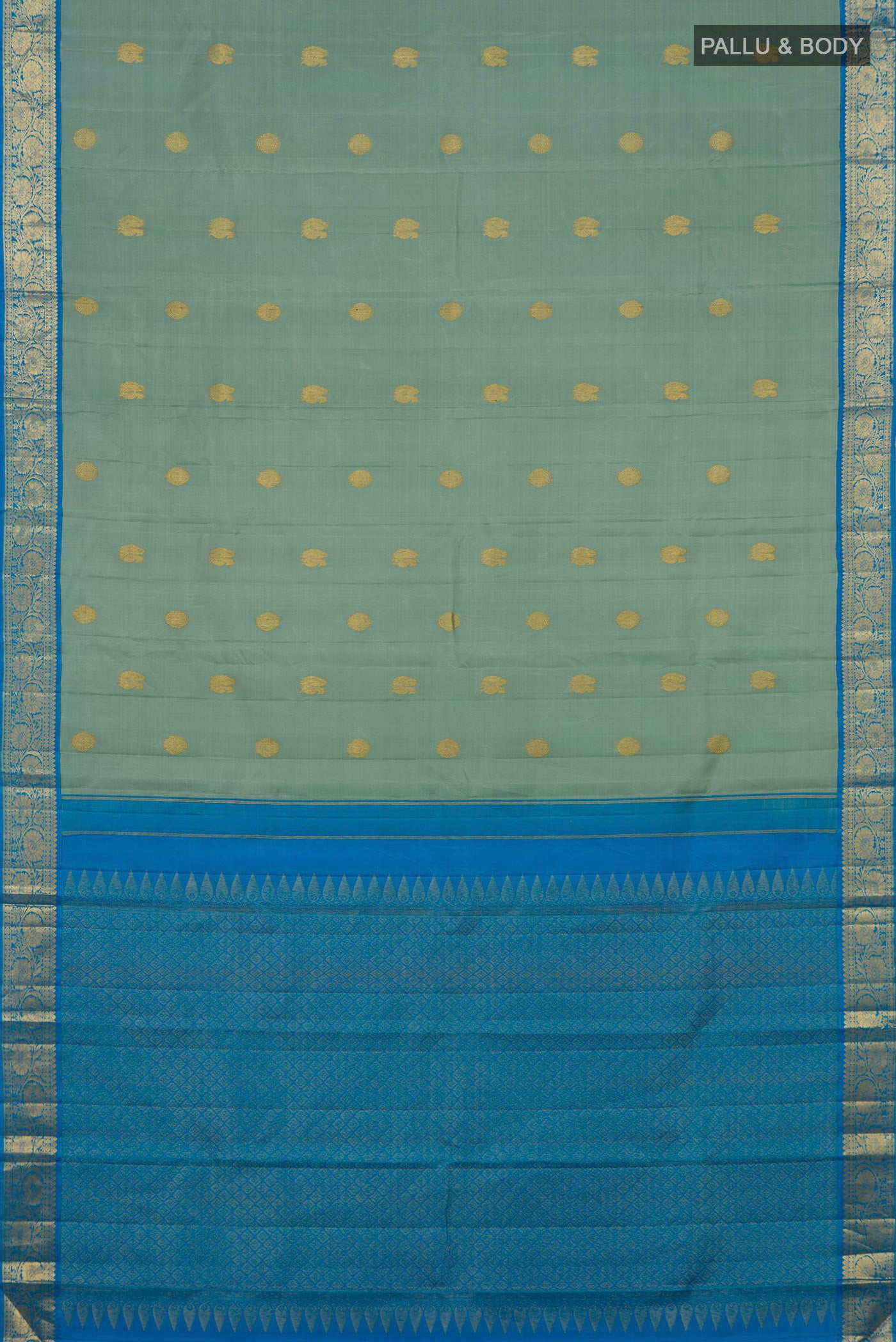 Flat view of Blue Kanjivaram Silk Saree with Zari Butta on the body and Zari Border. 