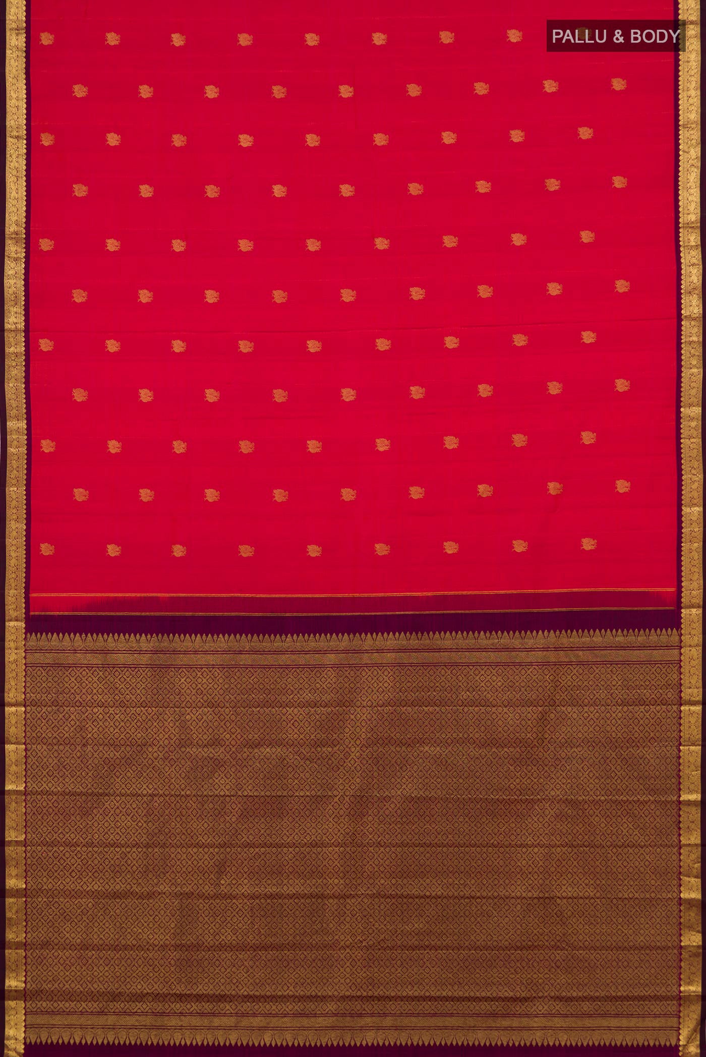 Flat view of Pink Kanchipuram Silk Saree with Zari Butta on the body and Zari Border. 