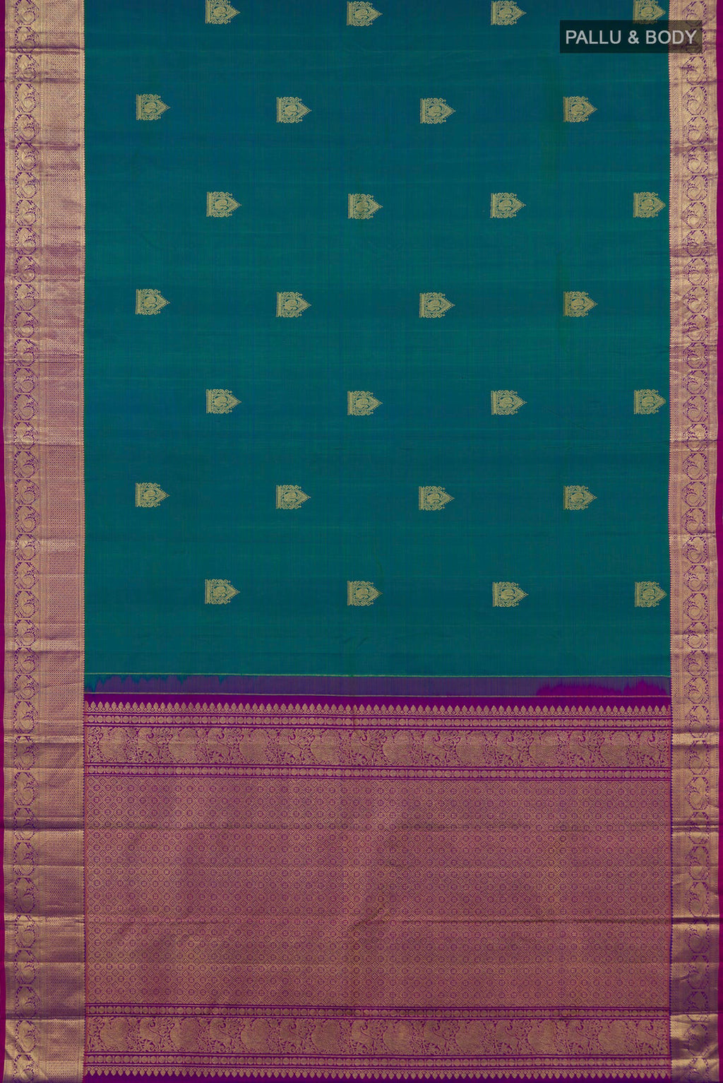 Flat view of Pure Silk Peacock Blue Dual Tone Kanchipuram Saree with Zari Butta on the body and Zari Border. 