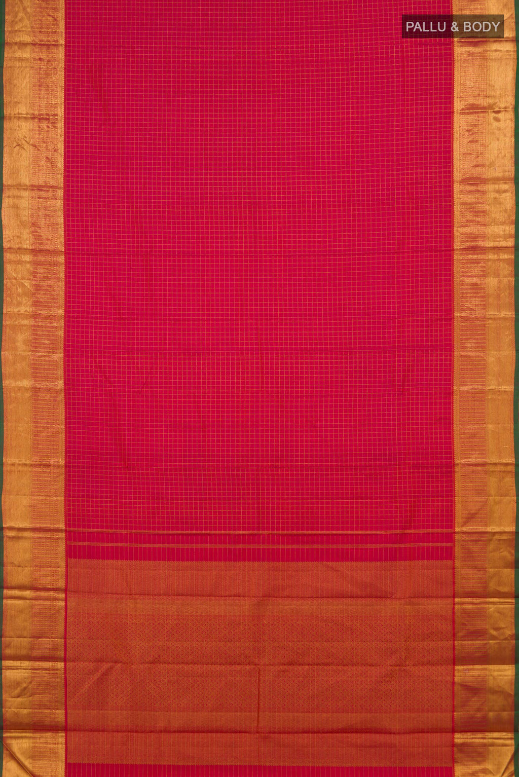 Flat view of Pure Silk Pink Dual Tone Kanjivaram Saree with Checked design on the body and Zari Border. 