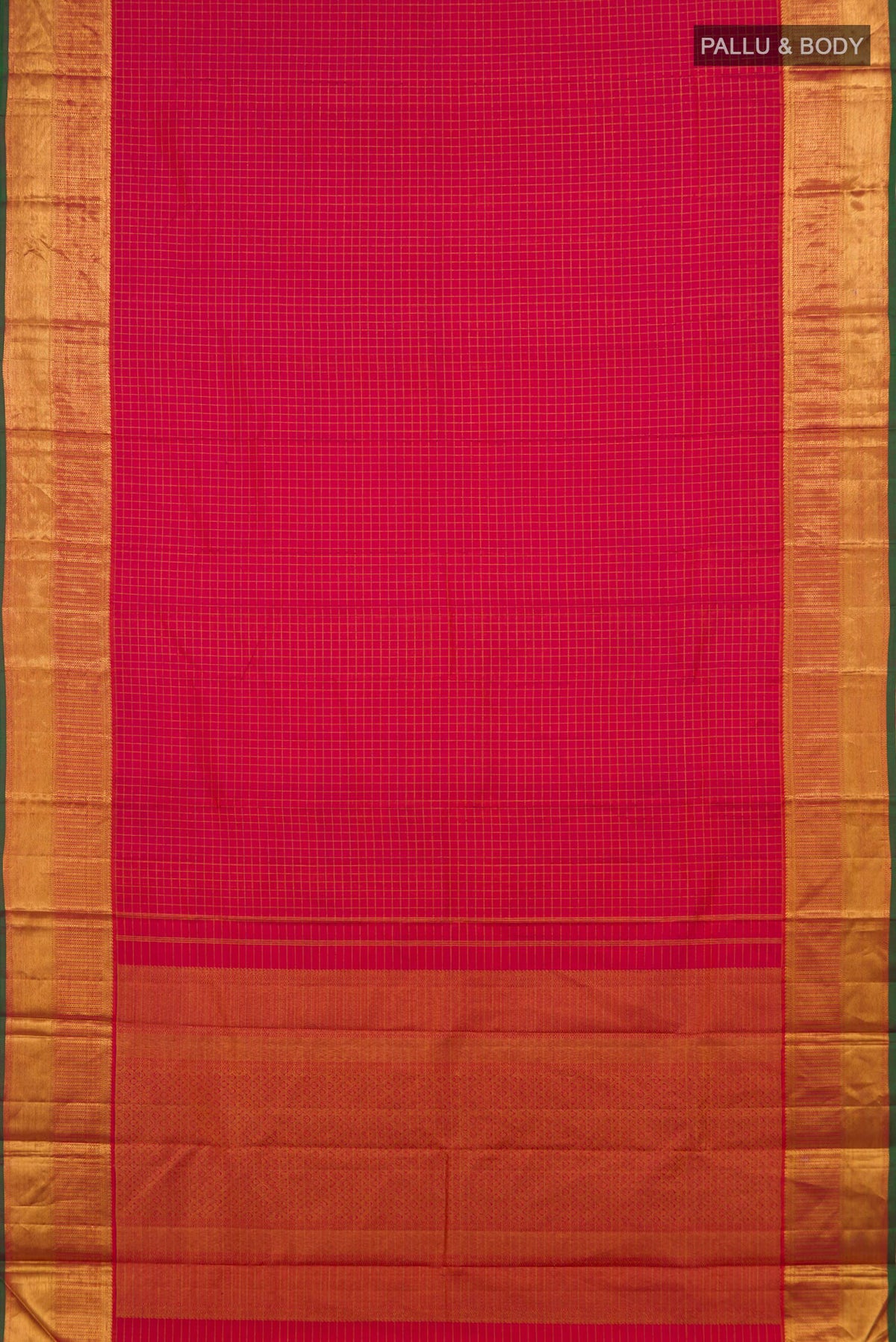 Flat view of Pure Silk Pink Dual Tone Kanjivaram Saree with Checked design on the body and Zari Border. 