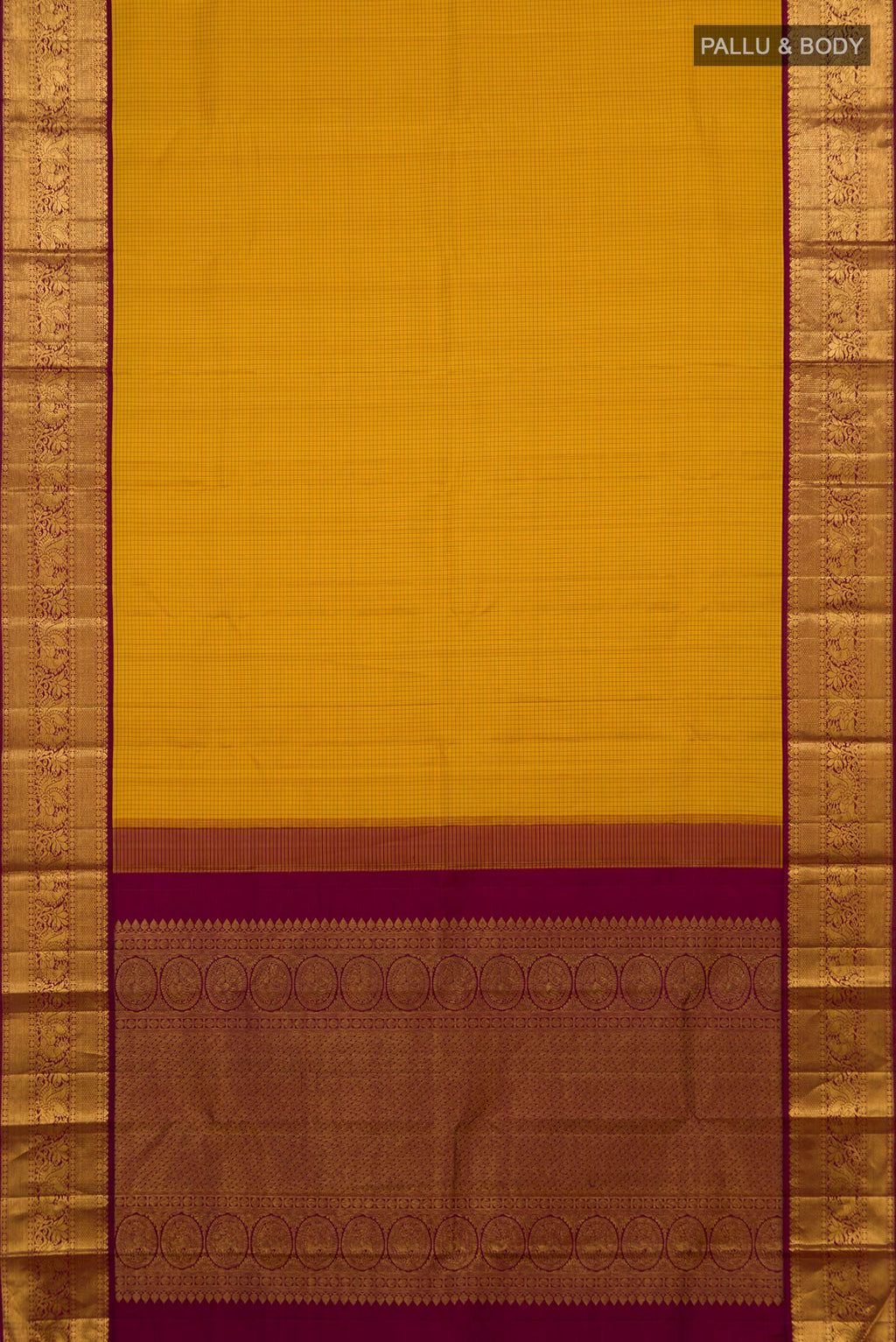 Flat view of Yellow Kanjivaram Silk Saree with Checked design on the body and Zari Border. 
