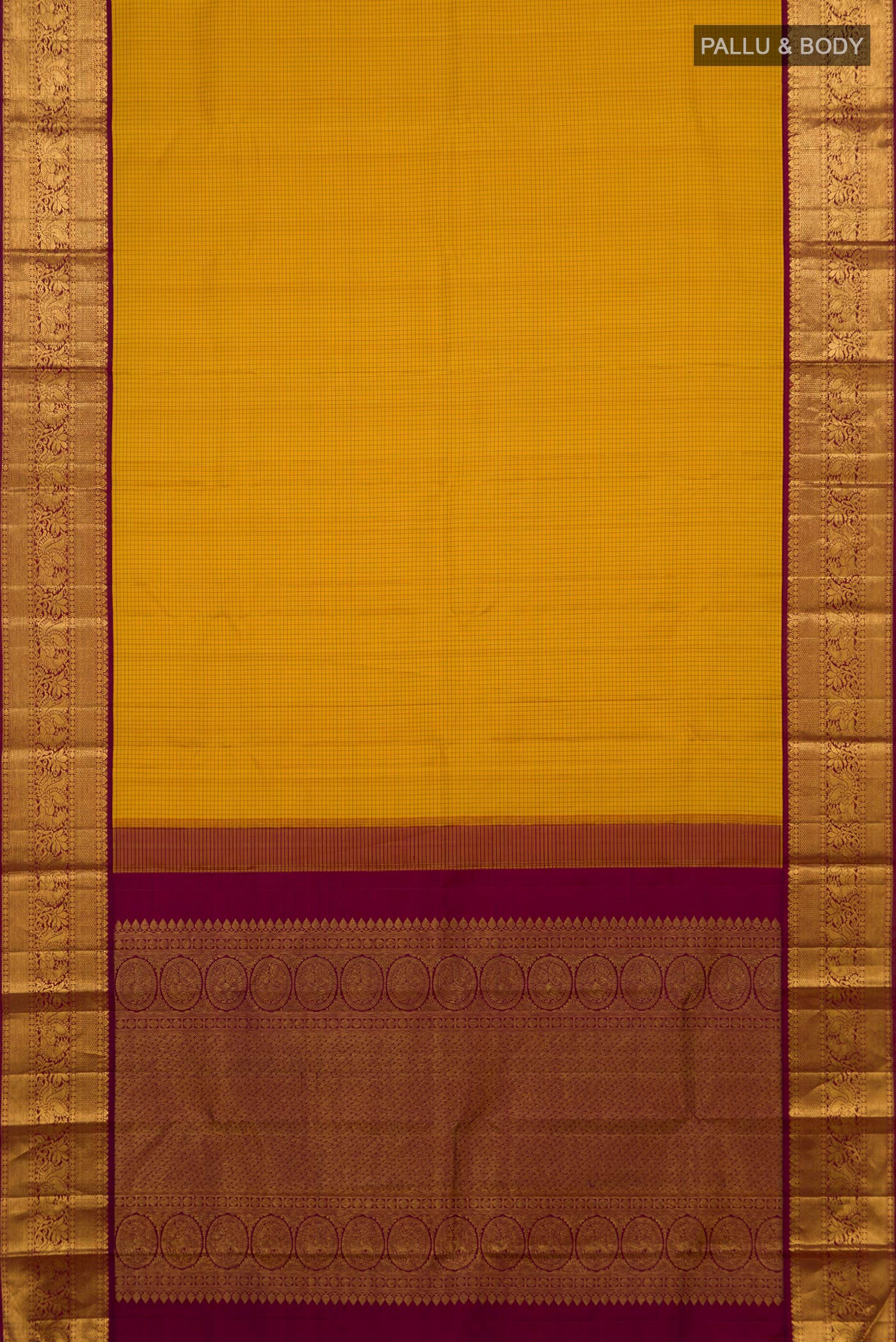 Flat view of Yellow Kanjivaram Silk Saree with Checked design on the body and Zari Border. 