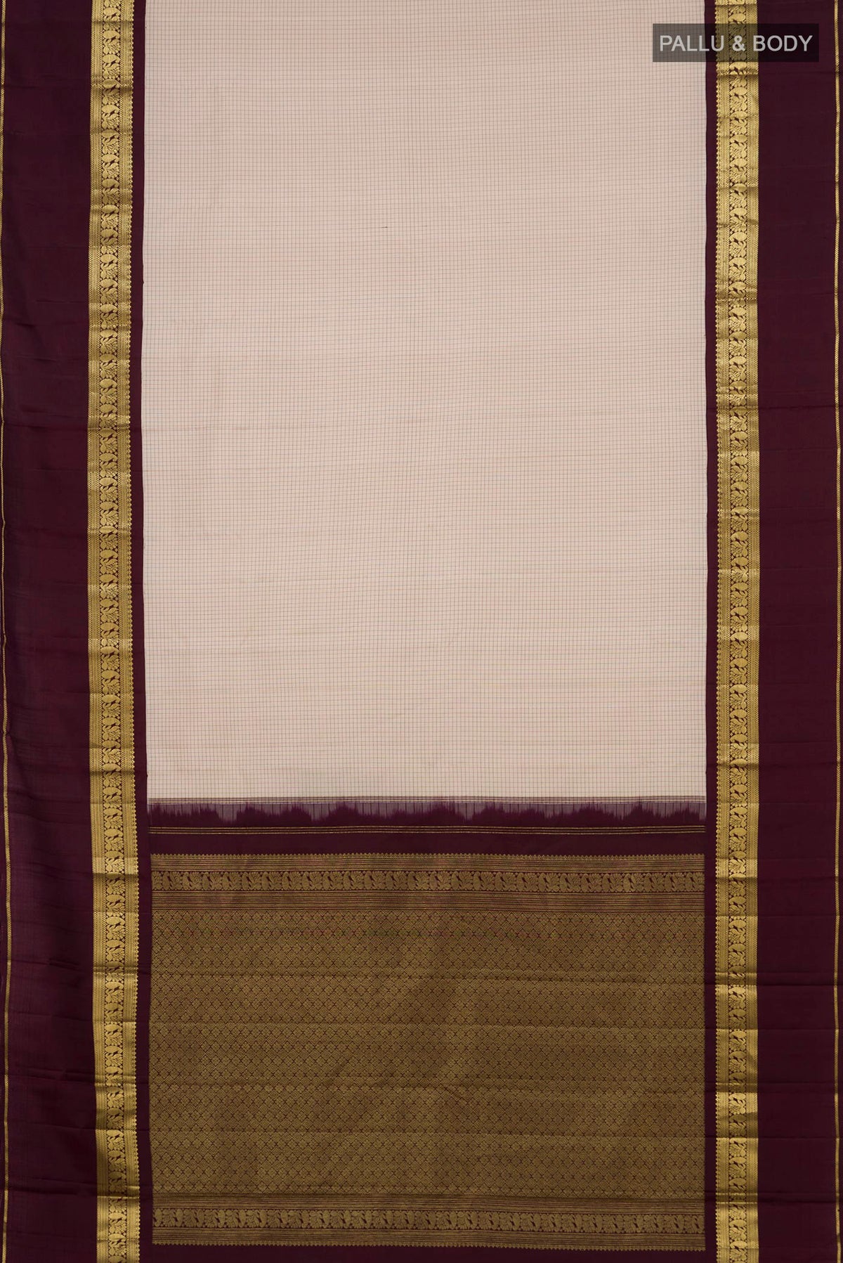 Flat view of Cream Kanjivaram Silk Saree with Checked design on the body and Zari Border. 